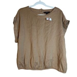 Velvet Hearts Women's Short Sleeve Button Back Blouse Tan Elastic Hem Large NWT